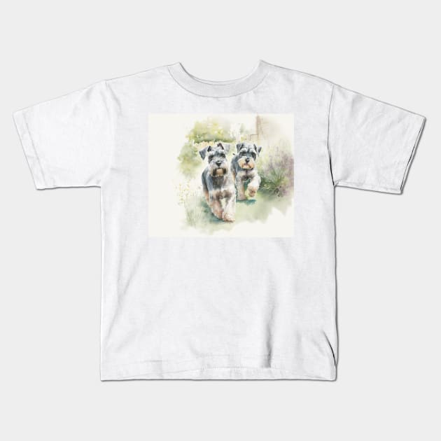 Two Miniature Schnauzers Playing Watercolour Painting Kids T-Shirt by TheArtfulAI